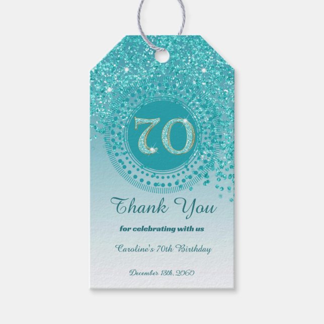 Modern Falling Aquamarin Blue Glitzer 70. Geburtst Geschenkanhänger (Vorderseite)