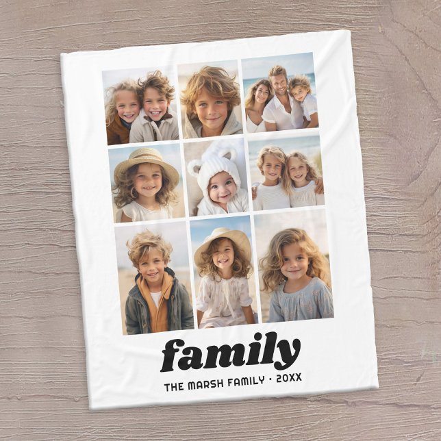 Modern Family Photo Collage 9 Photos White Minimal Fleecedecke (Family photo blanket with 9 photos)