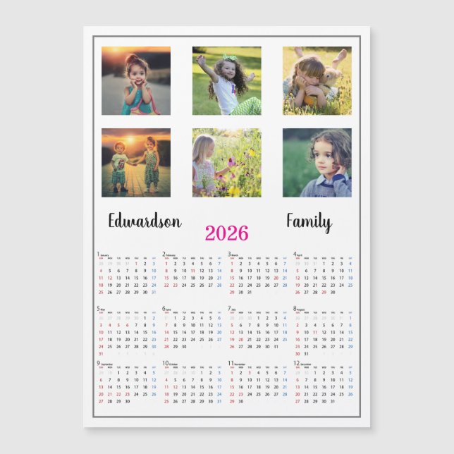 Modern family photo collage magnetic 2026 calendar magnetkarte (Vorderseite)