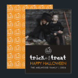 Modern Family Photo Trick or Treat Happy Halloween Feiertagskarte<br><div class="desc">Share your favorite spooky memories with this modern minimalist family photo template featuring elegant "trick or treat" typography. Easily customize the name and year to create a high-quality,  professional keepsake that your friends and family will love this Halloween.</div>