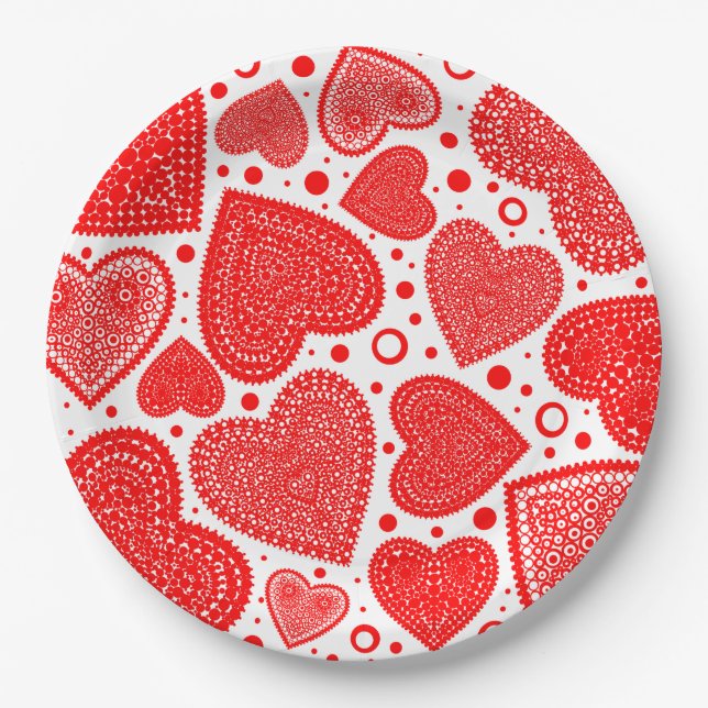 Modern Fancy Red Graphic Hearts Pattern Pappteller (Vorderseite)