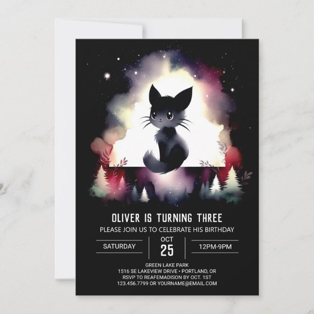 Modern Fantasy Cat Birthday Einladung (Vorderseite)