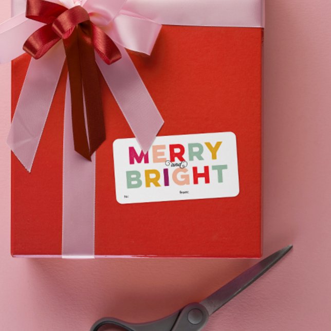 Modern farbenfrohe, helle Geschenkmarke Adressaufkleber (merry and bright gift tag labels in pink, yellow, purple, aqua and red on white)