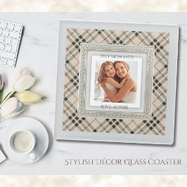 Modern Farmhouse Beige Plaid Best Mom Photo Glasuntersetzer