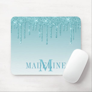 Modern Fashionable Aqua Glitter Monogram Mousepad