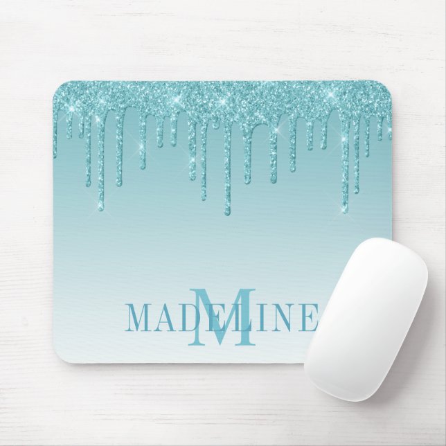 Modern Fashionable Aqua Glitter Monogram Mousepad (Mit Mouse)