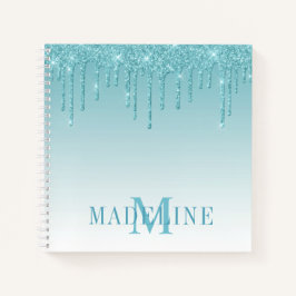 Modern Fashionable Aqua Glitter Monogram Notizbuch