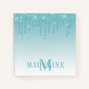 Modern Fashionable Aqua Glitter Monogram Notizbuch