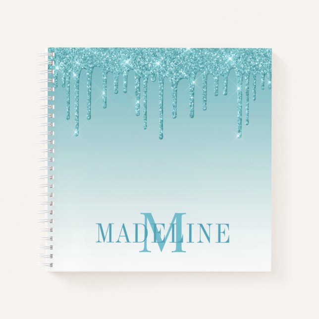 Modern Fashionable Aqua Glitter Monogram Notizbuch (Vorderseite)