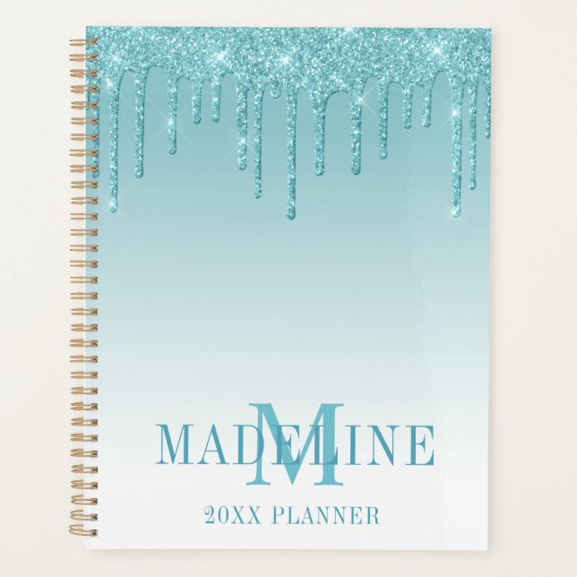 Modern Fashionable Aqua Glitter Monogram Planer (Vorderseite)