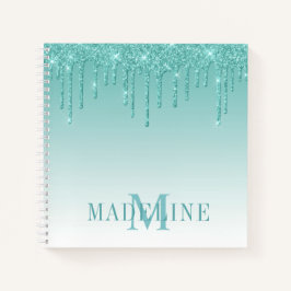 Modern Fashionable Teal Glitter Monogram Notizbuch