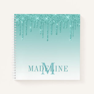 Modern Fashionable Teal Glitter Monogram Notizbuch