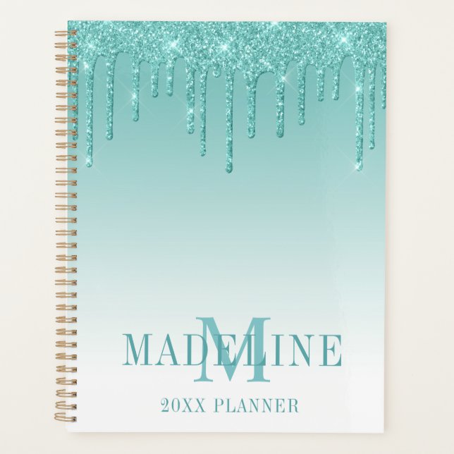 Modern Fashionable Teal Glitter Monogram Planer (Vorderseite)