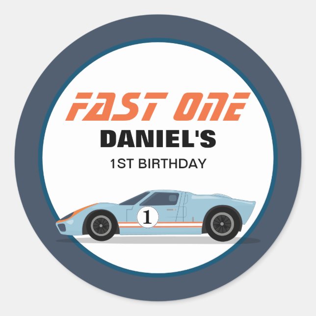 Modern Fast One Race Car Boy 1st Birthday Runder Aufkleber (Vorderseite)