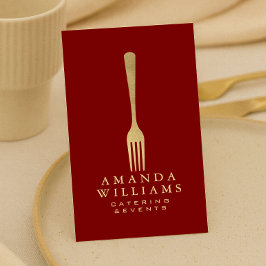 Modern Faux Gold Fork Catering Logo Red Vertical Visitenkarte