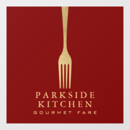 Modern Faux Gold Fork Restaurant Logo on Red Fensteraufkleber