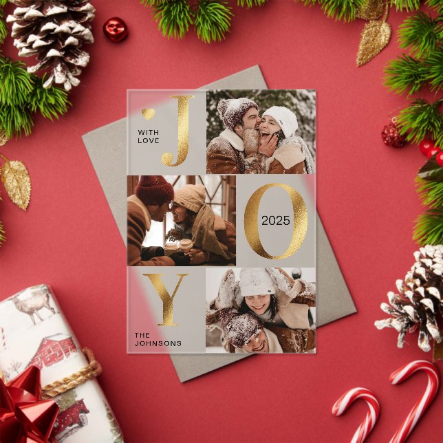 Modern Faux Gold Photo Collage Joy Christmas Card Acryleinladungen (Insitu (Feiertag))