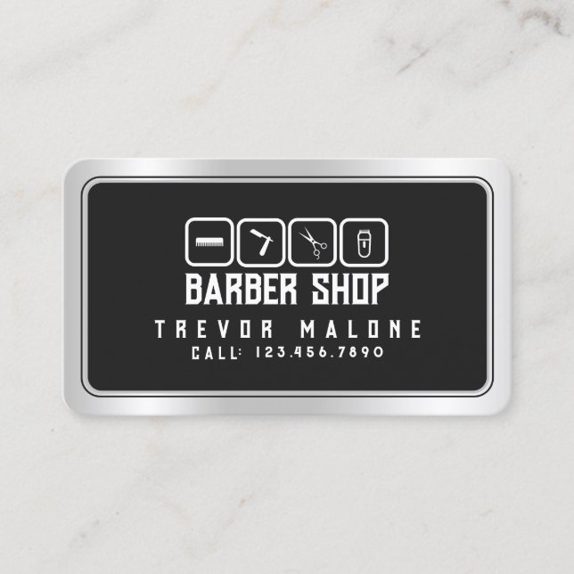 Modern faux metallic frame dark gray barber visitenkarte (Vorderseite)