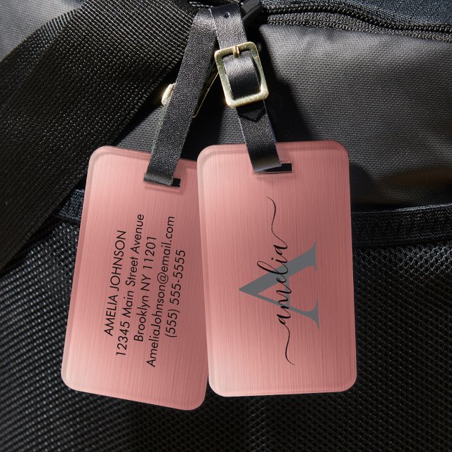 Modern Faux Rose Gold Script Monogram Personalized Gepäckanhänger (Von Creator hochgeladen)