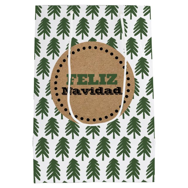 Modern Feliz Navidad Christmas Tree Mittlere Geschenktüte (Rückseite)
