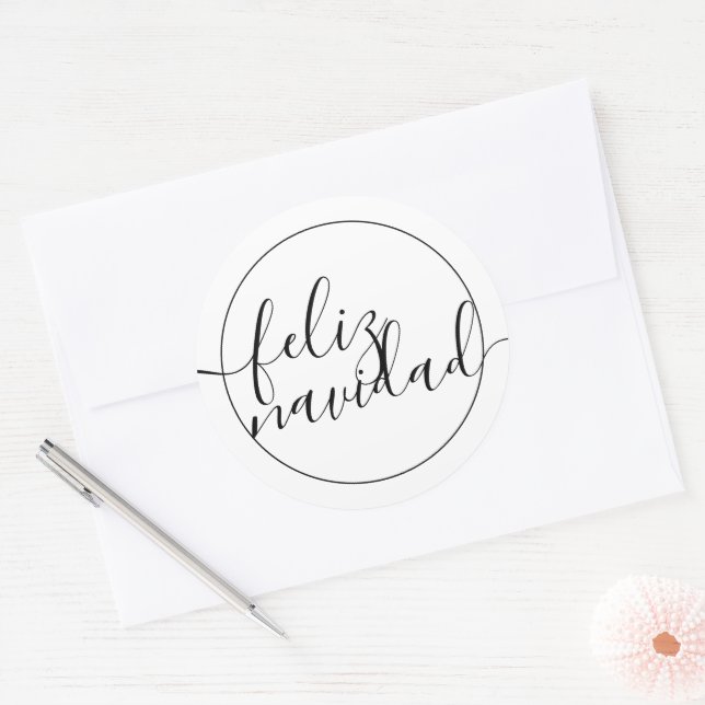 Modern Feliz Navidad Schwarz-weiß Weihnachten Runder Aufkleber (Umschlag)