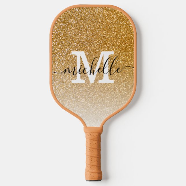 Modern Feminine Girl Gold Glitzer Monogram Name Pickleball Schläger (Vorderseite)