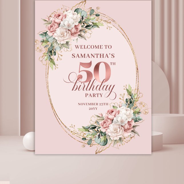 Modern Feminine Rose Gold 50th Birthday Banner Wandteppich (Modern Feminine Rose Gold 50th Birthday Banner)
