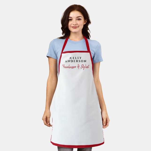 Modern Feminine White Red Border Hairdresser  Schürze (Getragen)