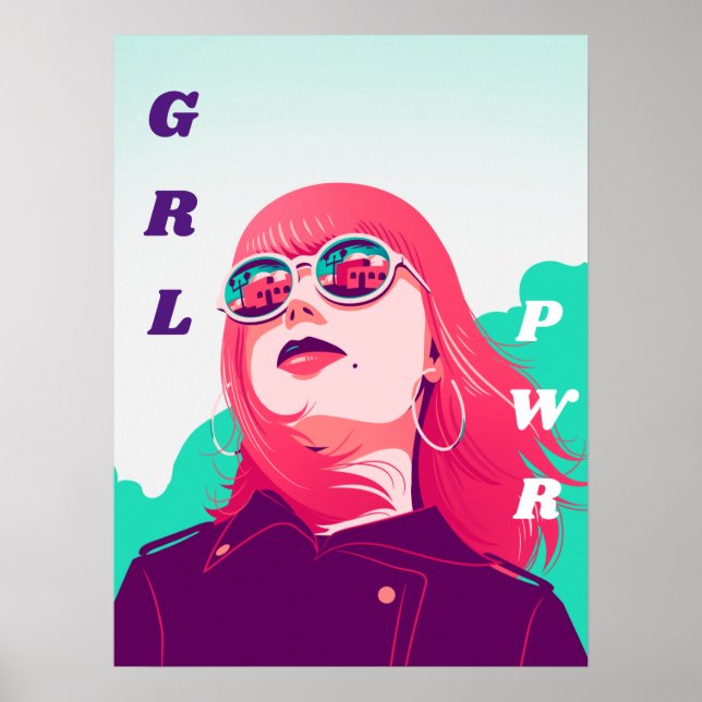 Modern Feminist Girl Pink Hair GRL Power PWR Cool Poster (Vorne)