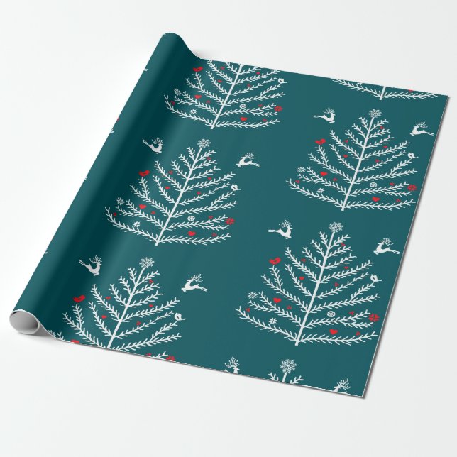 Modern Festival Nordic Christmas Tree Deer Blue Geschenkpapier (Ungerollt)