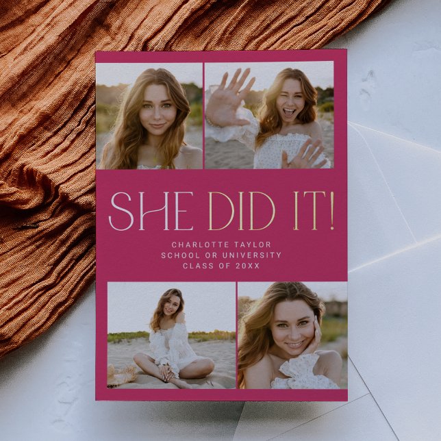 Modern Fete Foil Pink sie tat es Foto Abschluss Folieneinladung (Von Creator hochgeladen)