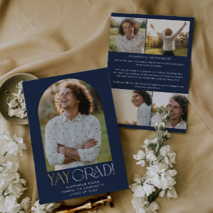 Modern Fete Navy Gold Yay Grad Foto Abschluss Ankündigung