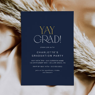 Modern Fete Navy Gold Yay Grad Graduation Party Einladung