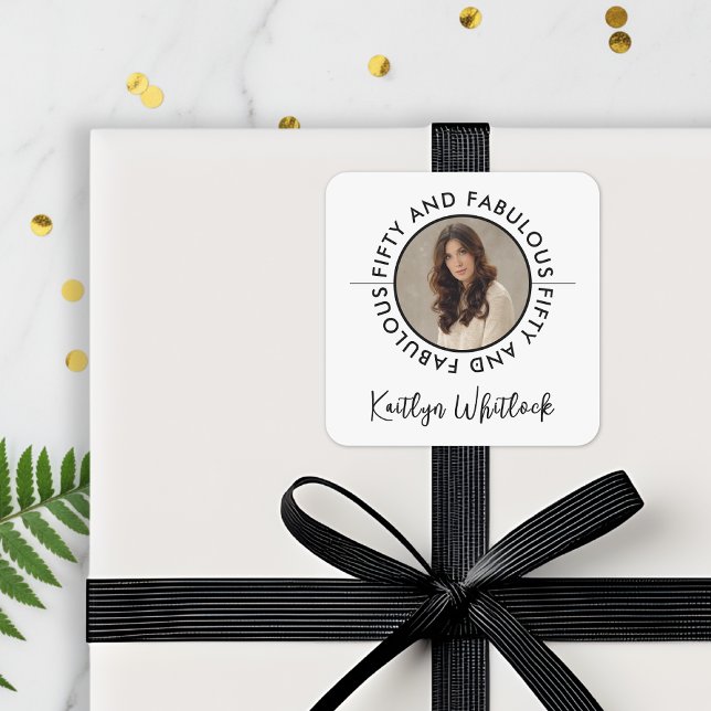 Modern Fifty and Fabulous Bold 50th Birthday Party Quadratischer Aufkleber (black and white 50 and fabulous bold 50th birthday party stationery stickers for modern for her)