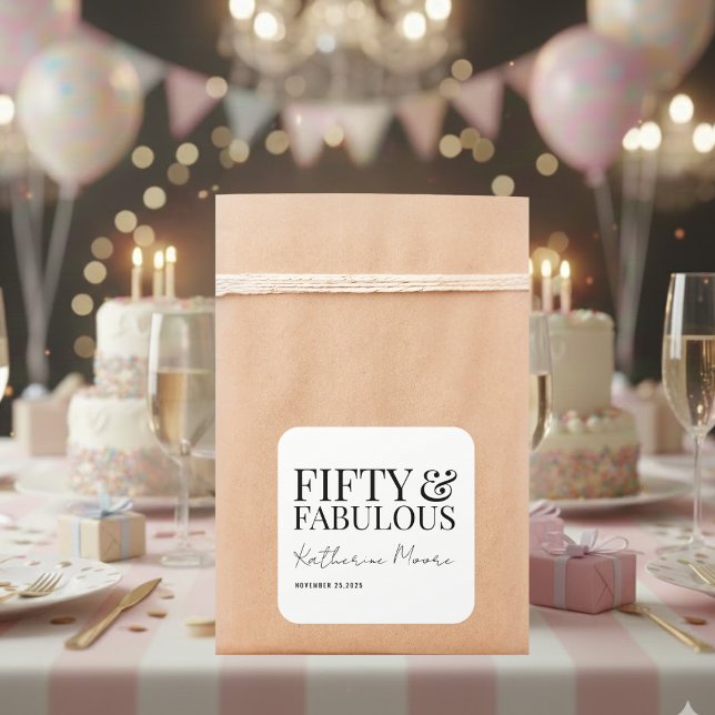 Modern Fifty and Fabulous Bold 50th Birthday Party Quadratischer Aufkleber (Von Creator hochgeladen)