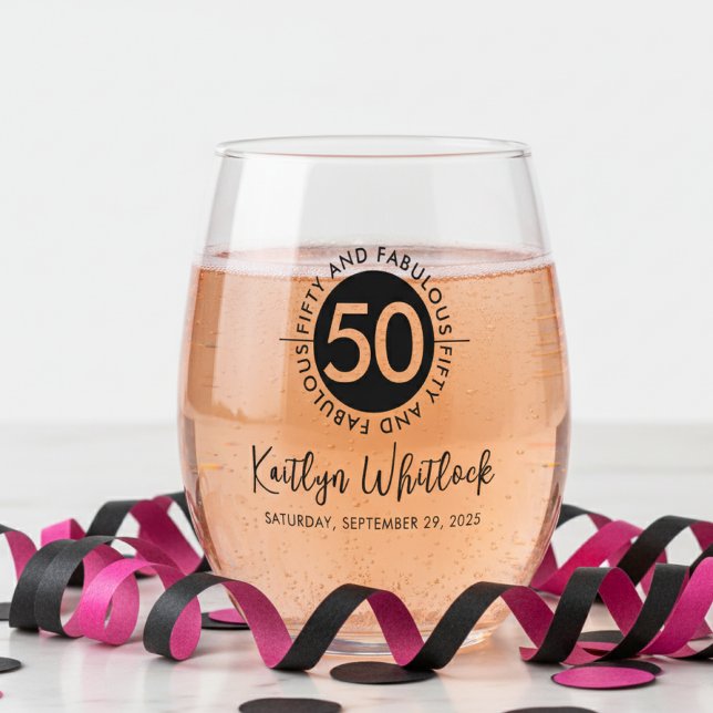 Modern Fifty and Fabulous Bold 50th Birthday Party Weinglas Ohne Stiel (elegant bold black and white fifty and fabulous 50th birthday party custom name date stemless glass)