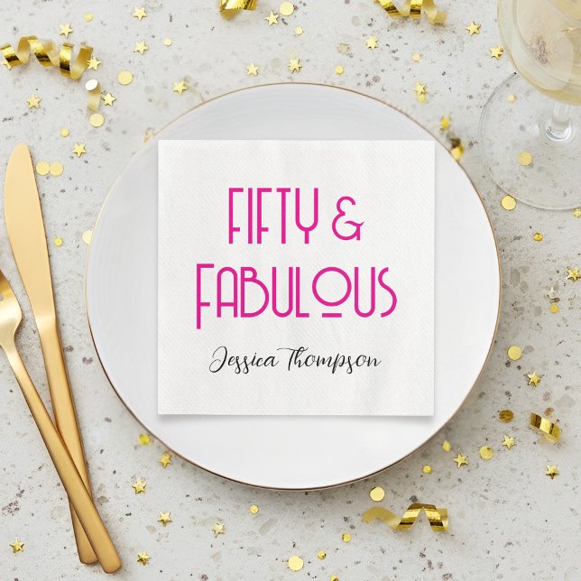 Modern Fifty and Fabulous Name 50th Birthday Party Serviette (Elegant Fifty and Fabulous pink and black text 50th birthday napkin)