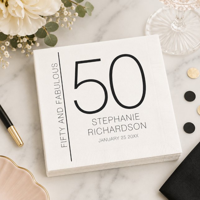 Modern Fifty and Fabulous Name Datum 50. Geburtsta Serviette (Customize with name & date.  See the collection for other items which match)
