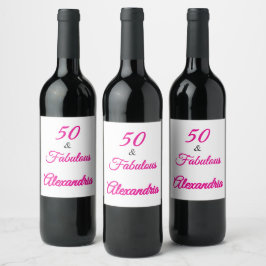 Modern Fifty & Fabulous Bold Pink Script Birthday Weinetikett