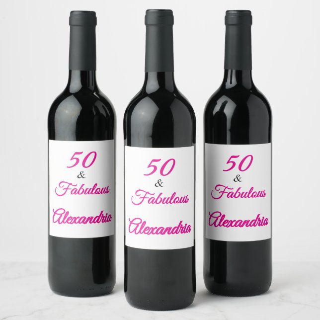 Modern Fifty & Fabulous Bold Pink Script Birthday  Weinetikett (Flaschen)