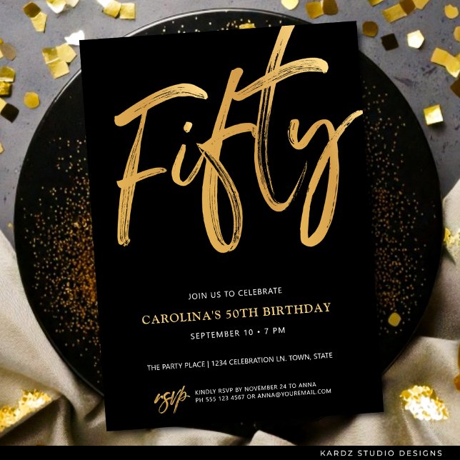 Modern Fifty Script Gold Black 50th Birthday Einladung (Faux gold invite shown in 5x7 inches with square corners. Choose corner, paper and size.)
