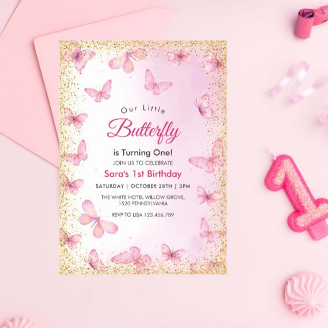 Modern First 1. Geburtstag Glitzer Butterfly Party Einladung (Von Creator hochgeladen)