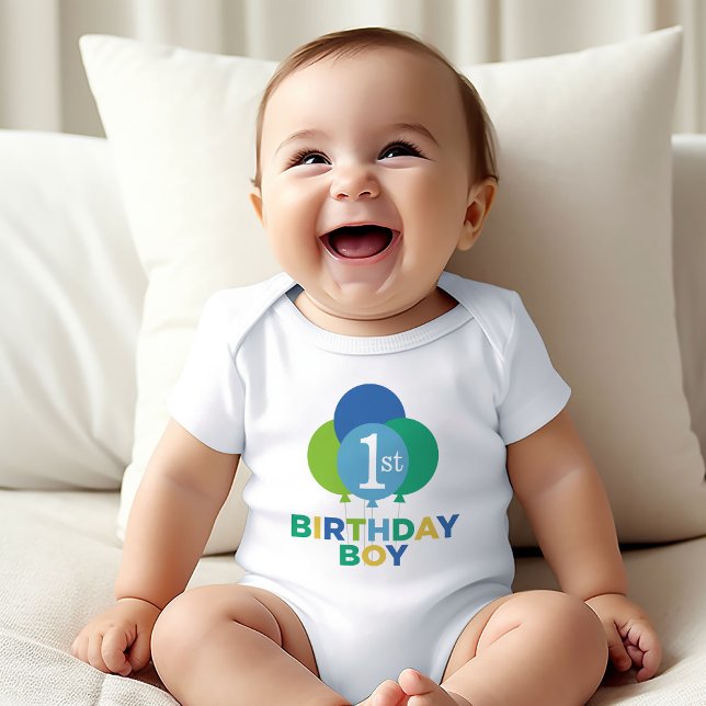 Modern First Birthday Baby Boy Blue Green Balloons Strampler (Von Creator hochgeladen)