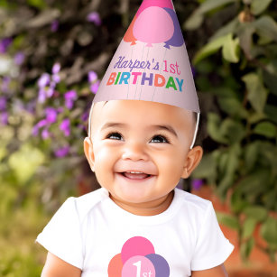 Modern First Birthday Girl Pink Lila Balloons Partyhütchen