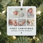 Modern First Christmas 5 Fotos Ornament Aus Metall<br><div class="desc">Moderne 5 Multi-Fotos auf einem Raster mit Ihren Lieblings-Säugling-Fotos für ihre erste Weihnachtsmetallschmuck.</div>