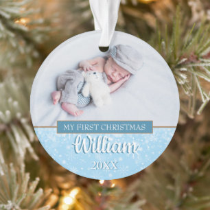 Modern First Christmas Baby Boys Fotos Script Ornament