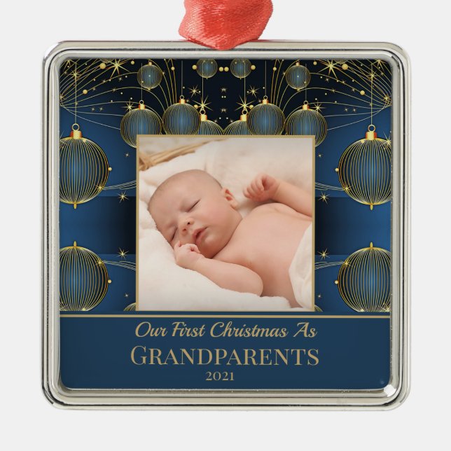 Modern First Christmas Blue Pattern Ornament Aus Metall (Vorne)