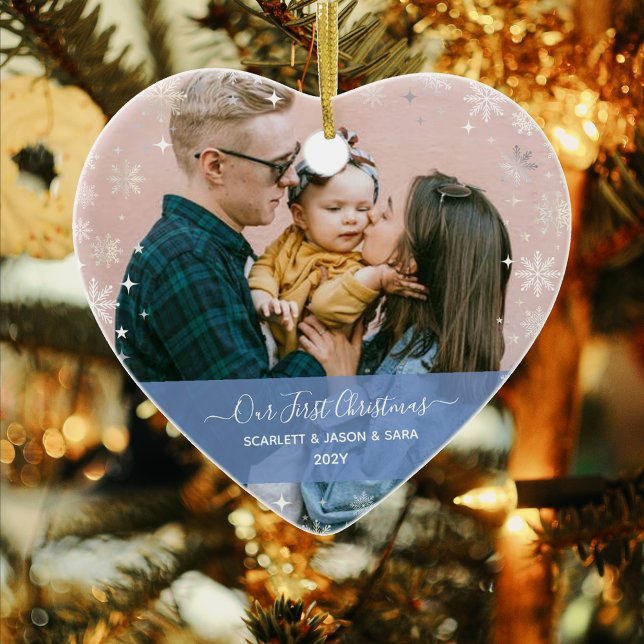 Modern First Christmas Together 2 Fotos - Herzlich Keramik Ornament (Our First Christmas Family & Child Baby Names 2 Photos Modern Elegant Calligraphy Snowflakes Heart)