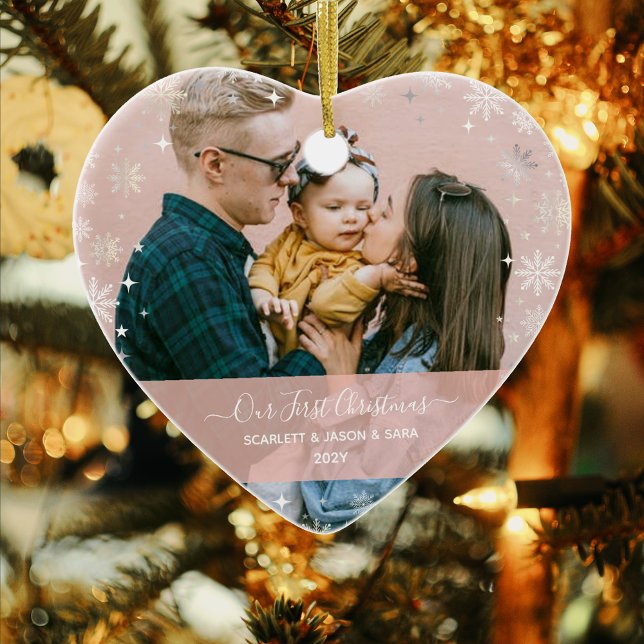 Modern First Christmas Together 2 Fotos - Herzlich Keramik Ornament (Our First Christmas Family & Child Baby Names 2 Photos Modern Elegant Calligraphy Snowflakes Heart)