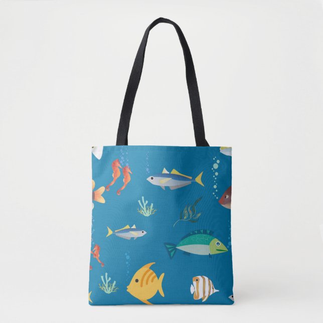 Modern Fish and Seahorse illustrated Pattern Blue (Vorderseite)